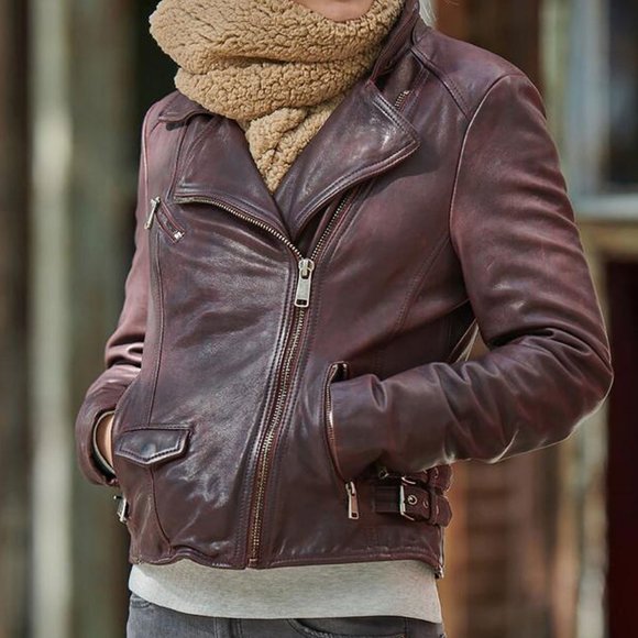 Womens Asymmetrical Biker Burgundy Leather Jacket Perfect never